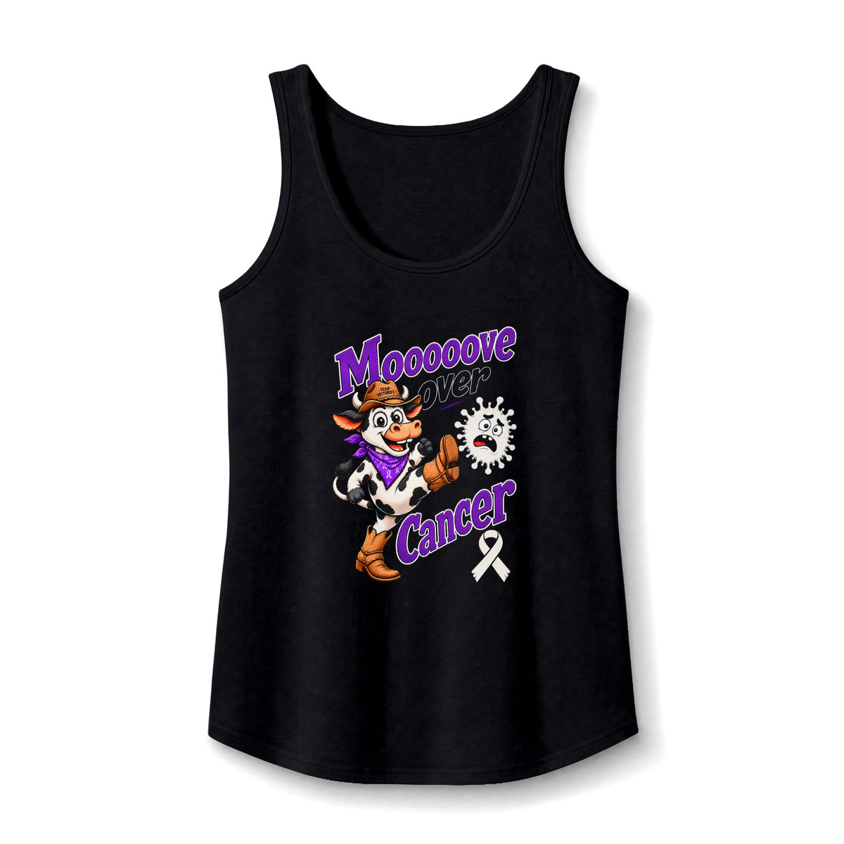 Moooove Over Cancer black tank top featuring a Lung Cancer awareness ribbon