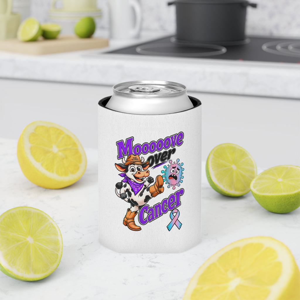 Moooove Over Cancer can cooler displayed with lemons and limes