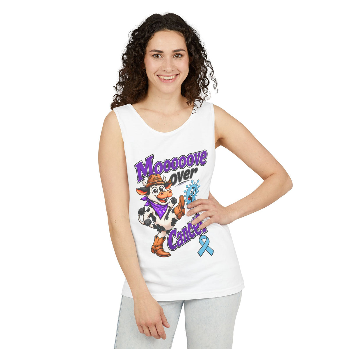 Man modeling a white Moooove Over Cancer tank top with cow cancer support graphic