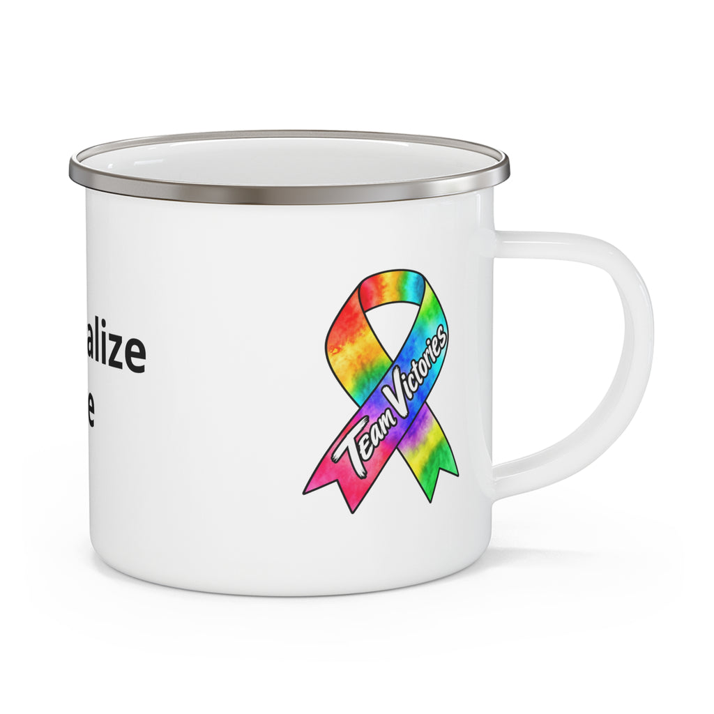 Moooove Over Cancer enamel camping mug with Team Victories all-cancer awareness ribbon design