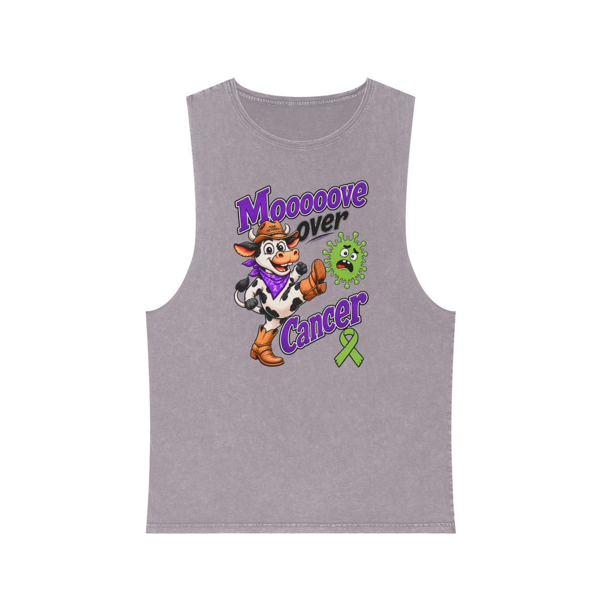 Moooove Over Cancer stonewashed tank top in lavender with colorful front design