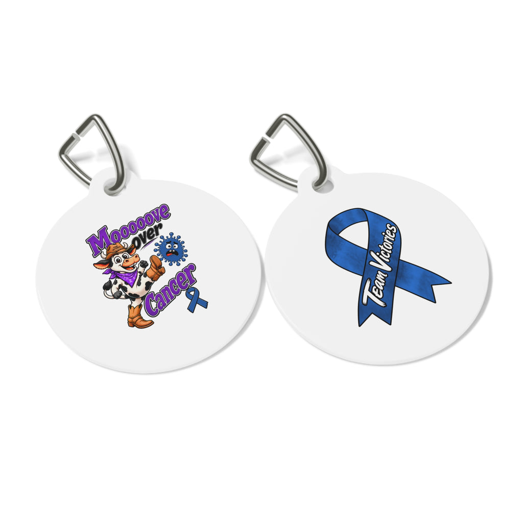 Double-sided Moooove Over Cancer and Team Victories pet ID tags