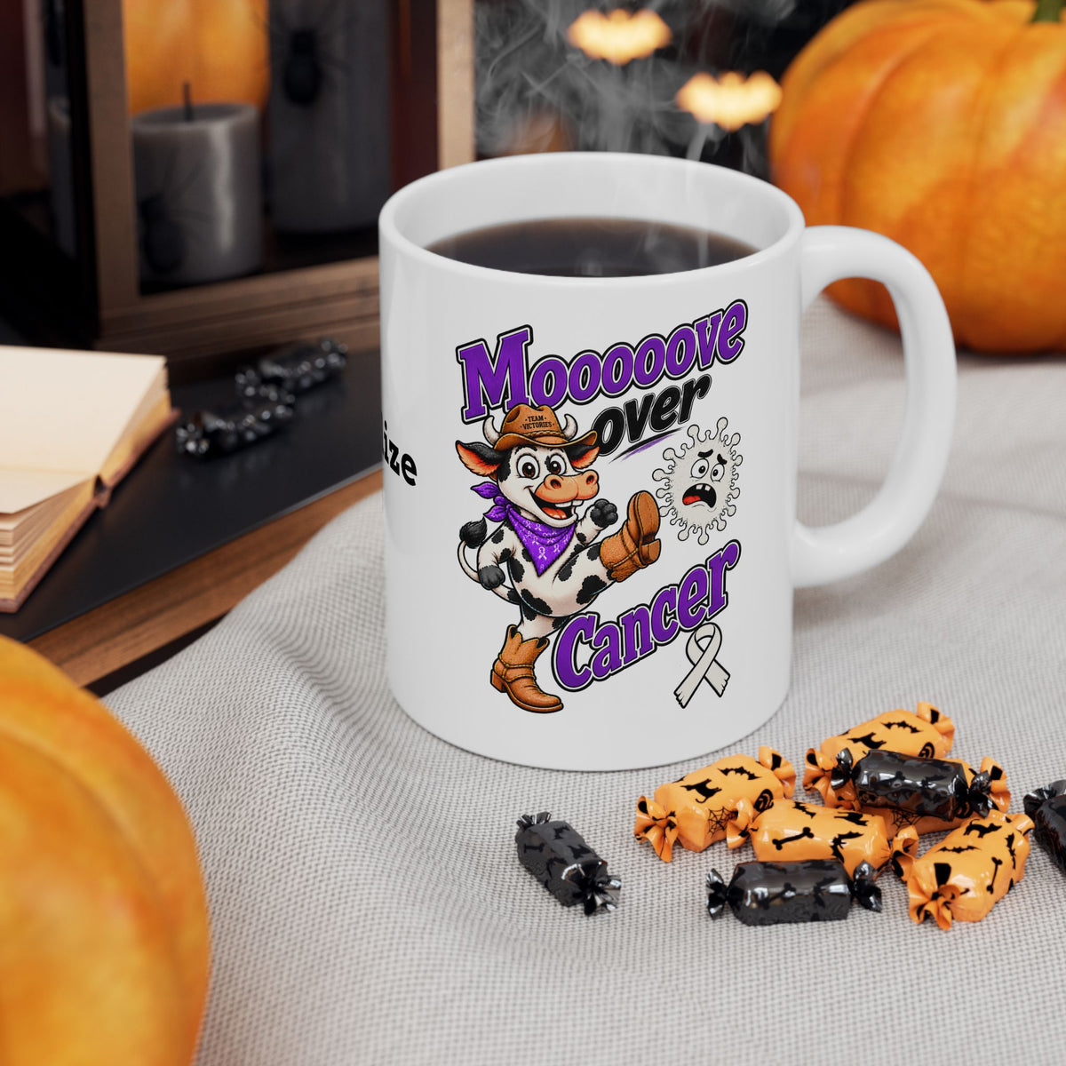 Moooove Over Cancer mug filled with coffee, featuring cow artwork and Lung Cancer awareness ribbon