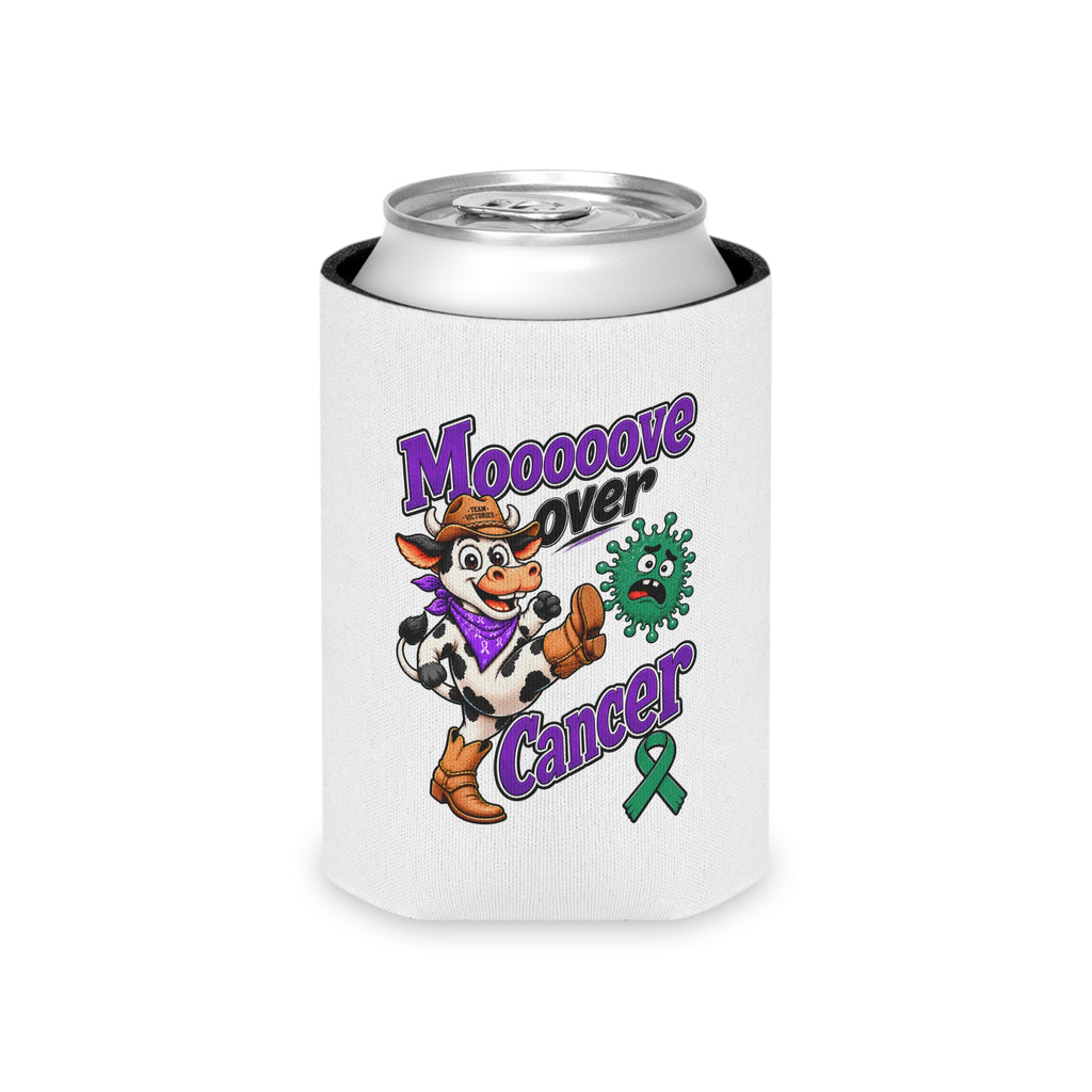 Moooove Over Cancer can cooler holding a can, featuring a cow and green awareness ribbon