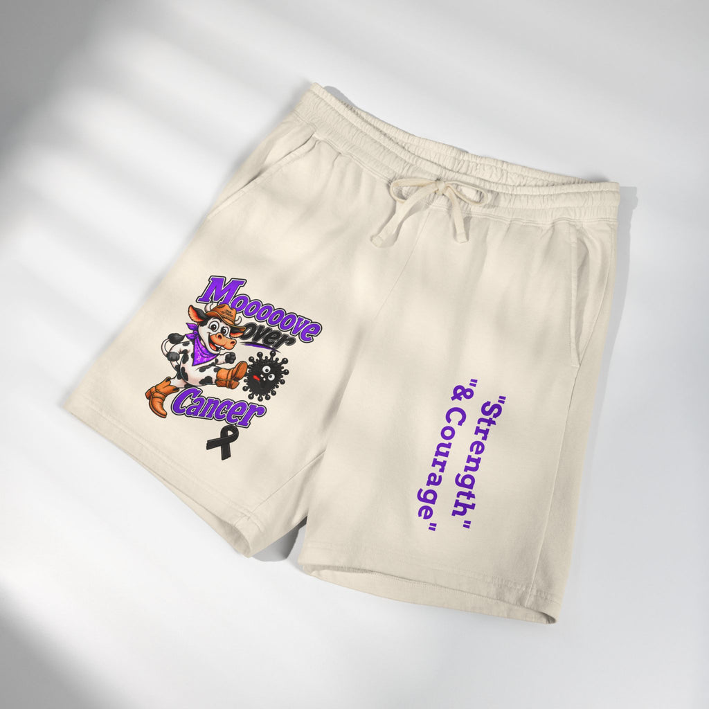 Moooove Over Cancer cream sweat shorts shown at an angle with awareness artwork and Strength & Courage text