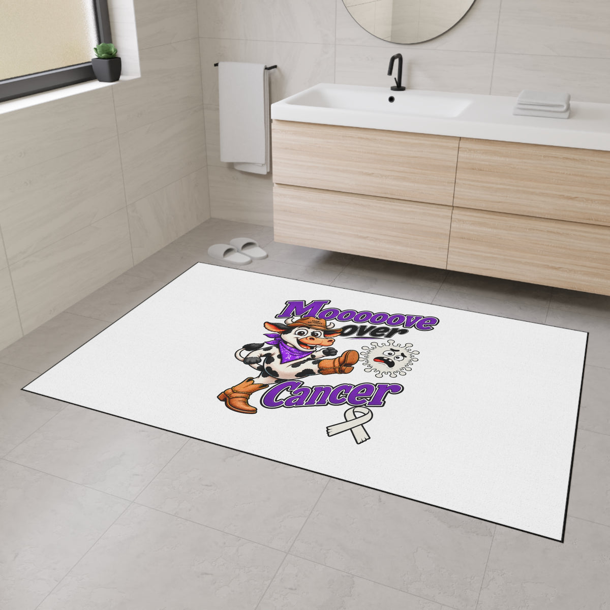 Moooove Over Cancer floor mat displayed in a bathroom with cowgirl artwork and Lung Cancer awareness ribbon