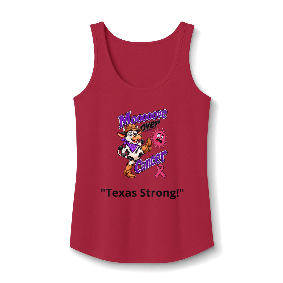 Red Moooove Over Cancer tank top with Texas Strong slogan and pink Breast Cancer awareness ribbon