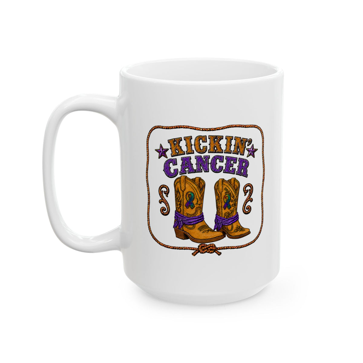 White Kickin’ Cancer mug with western boot artwork in an alternate view