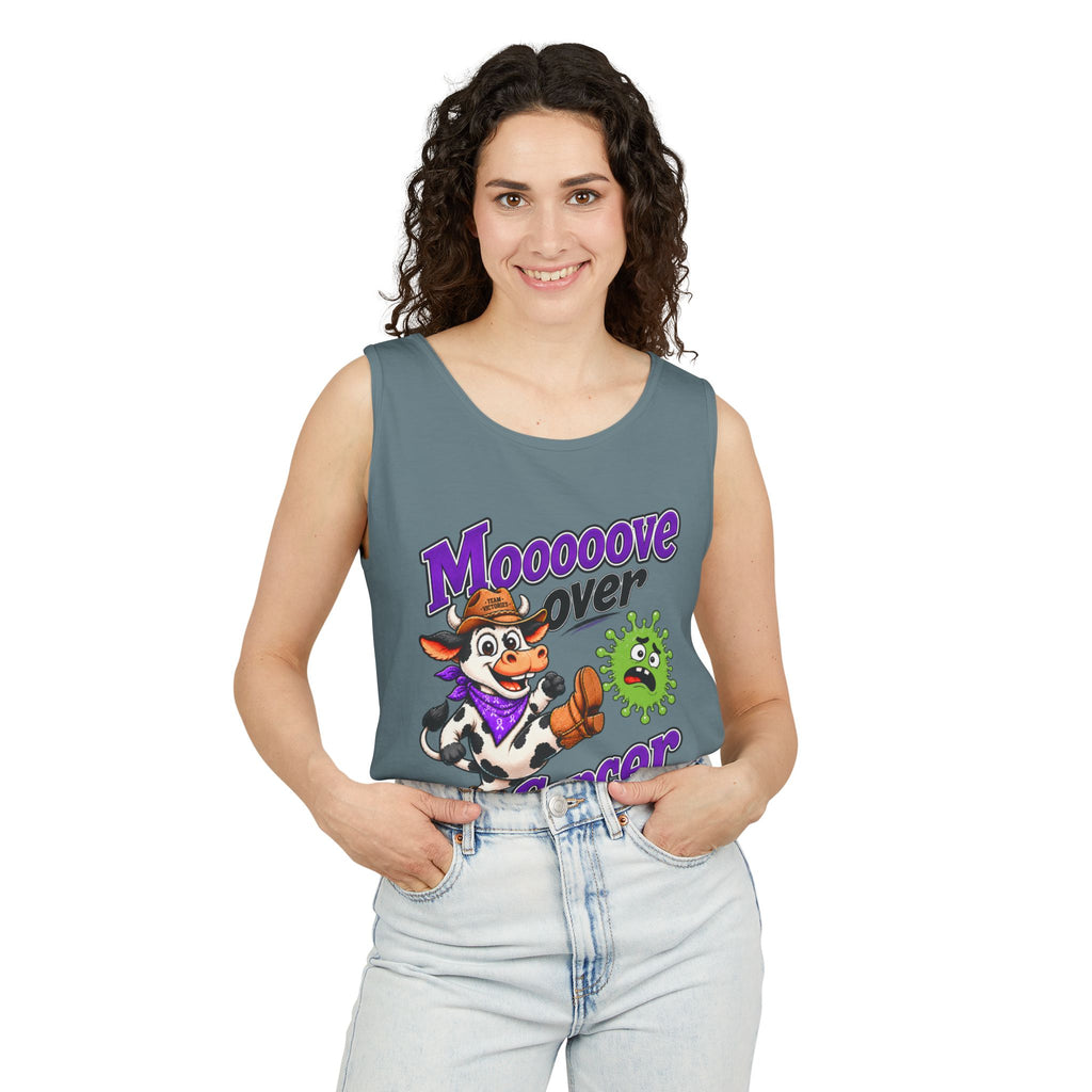 Man modeling black Moooove Over Cancer tank top with awareness ribbon