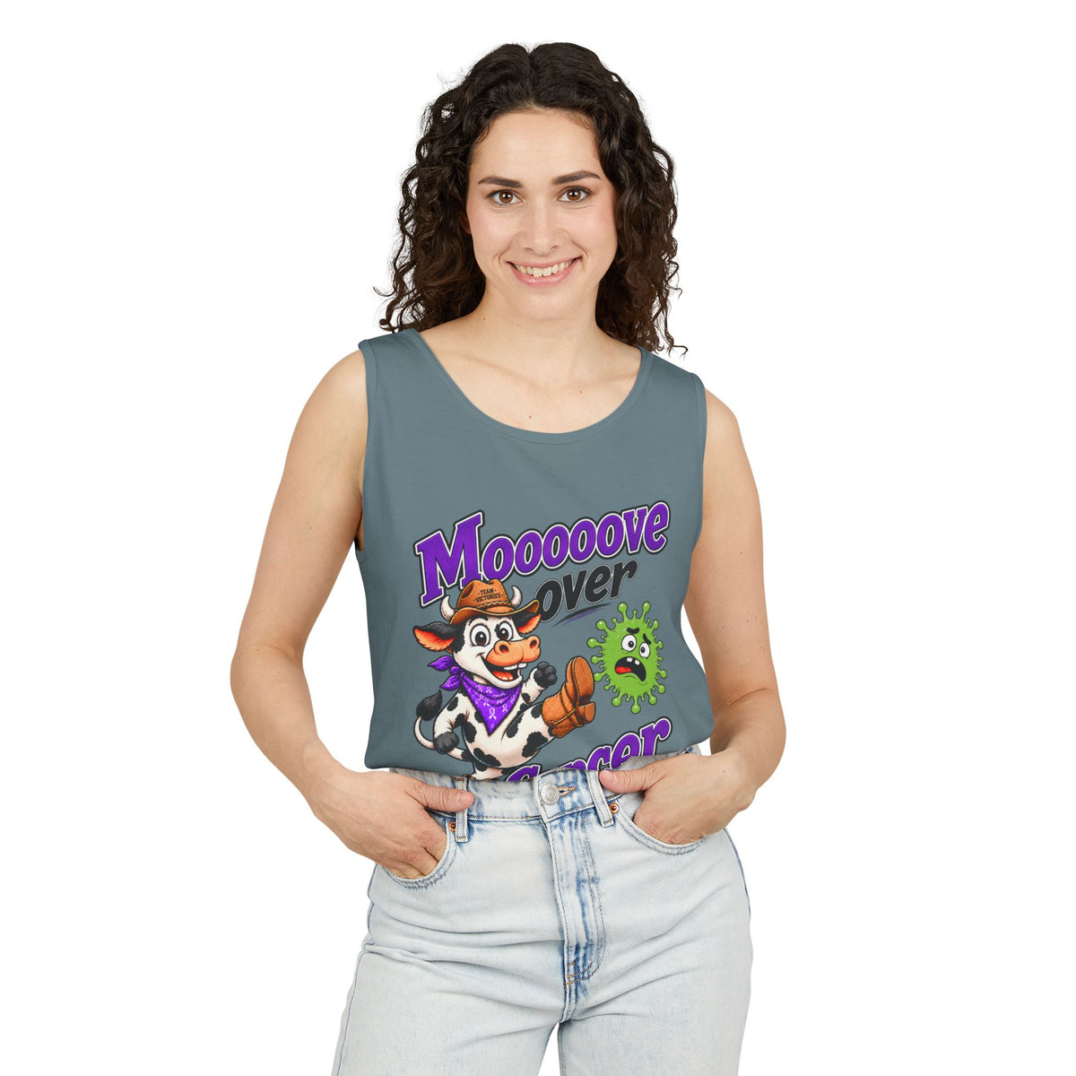 Man modeling black Moooove Over Cancer tank top with awareness ribbon