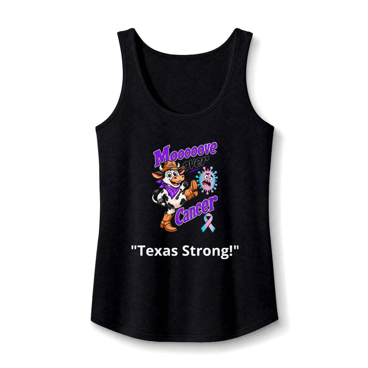 Moooove Over Cancer Texas Strong tank top with Thyroid Cancer awareness ribbon, black