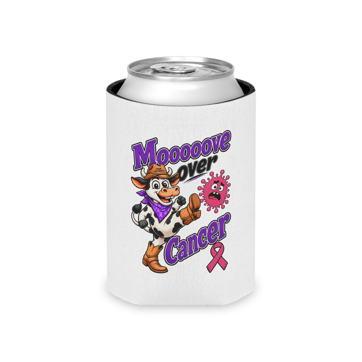 Moooove Over Cancer can cooler wrapped around a regular beverage can