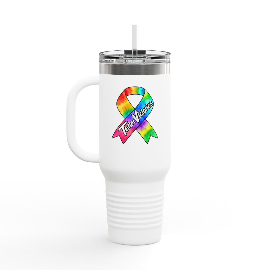 Team Victories all-cancer awareness ribbon on a 40 oz insulated travel mug