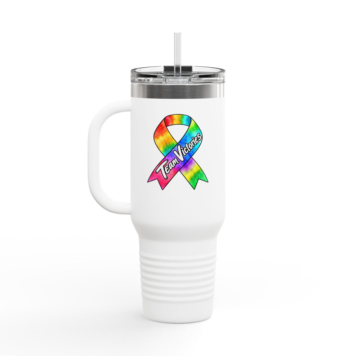Team Victories all-cancer awareness ribbon on a 40 oz insulated travel mug