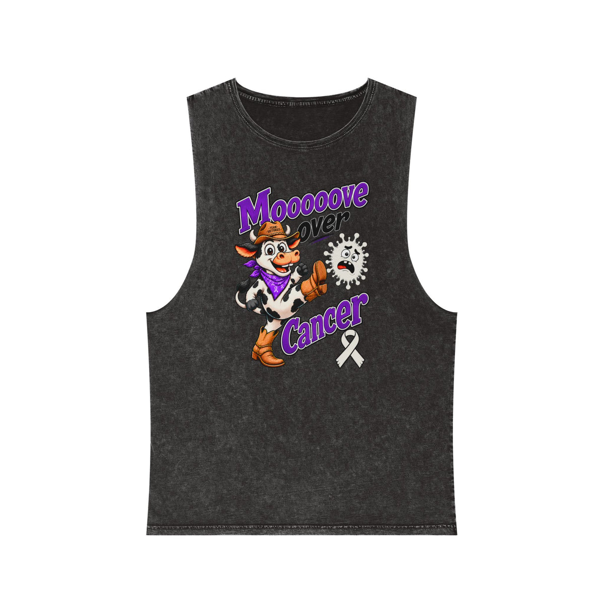 Moooove Over Cancer stonewashed tank top with Lung Cancer awareness ribbon, black