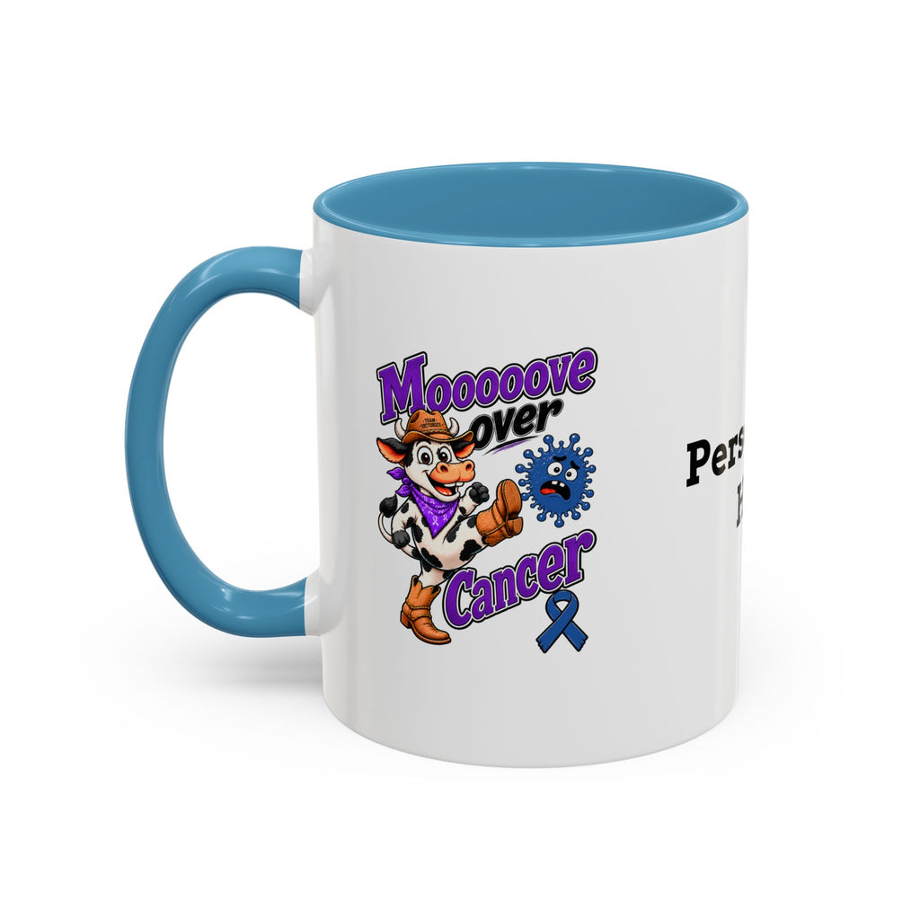 Moooove Over Cancer mug showing blue Colon Cancer awareness ribbon and blue handle