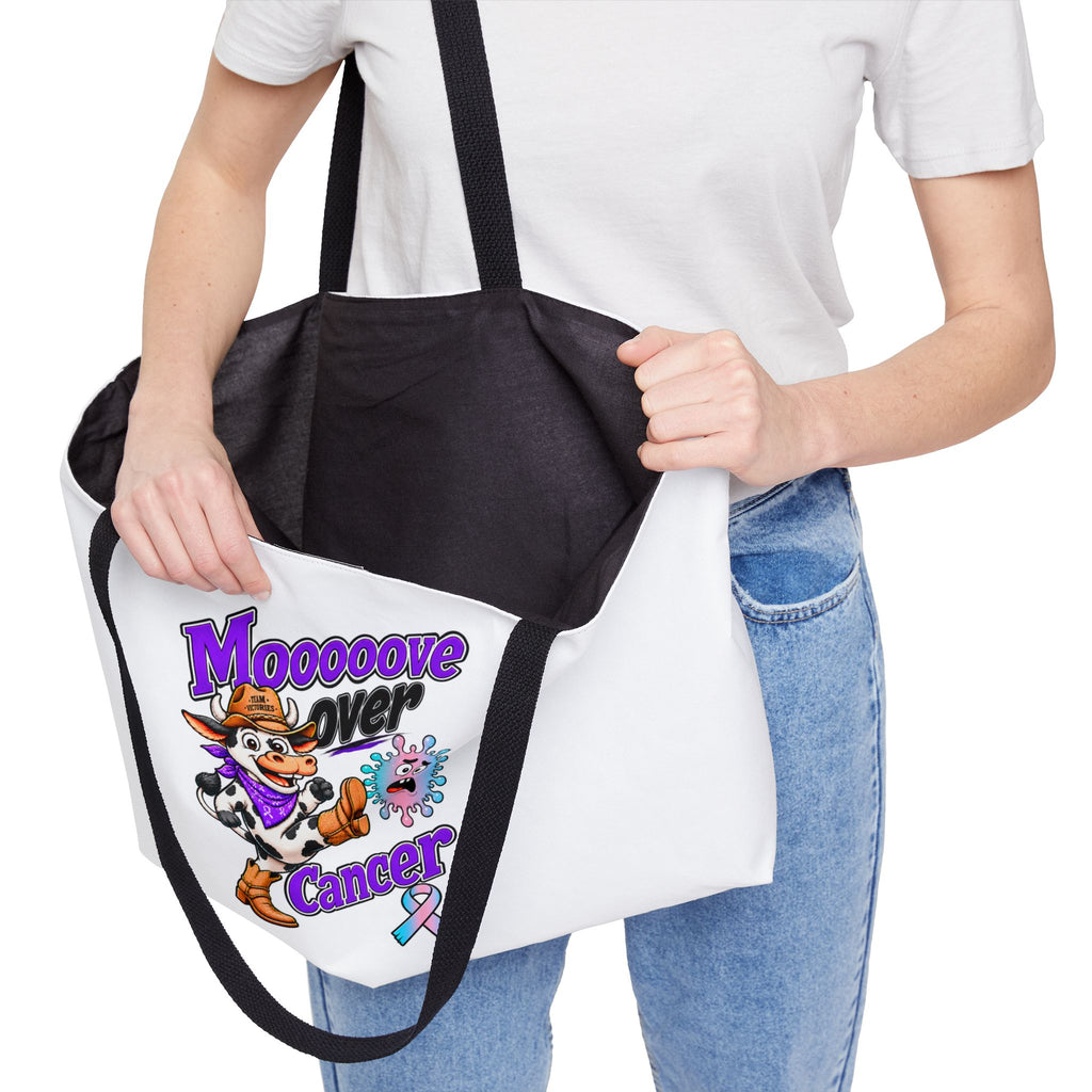 Moooove Over Cancer tote opened to show its black interior lining