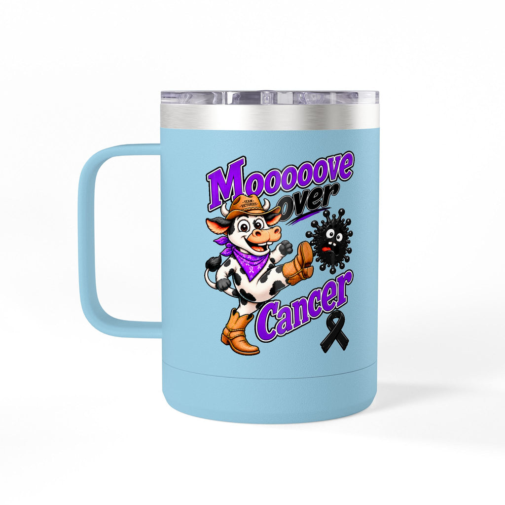 Blue Moooove Over Cancer 15 oz insulated mug with cow and cancer-awareness artwork