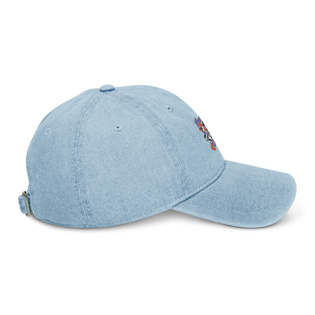Side view of light blue Moooove Over Cancer denim hat with cow design