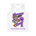 Moooove Over Cancer white basketball jersey with cow, purple ribbon, and Stay Strong & Live Long design