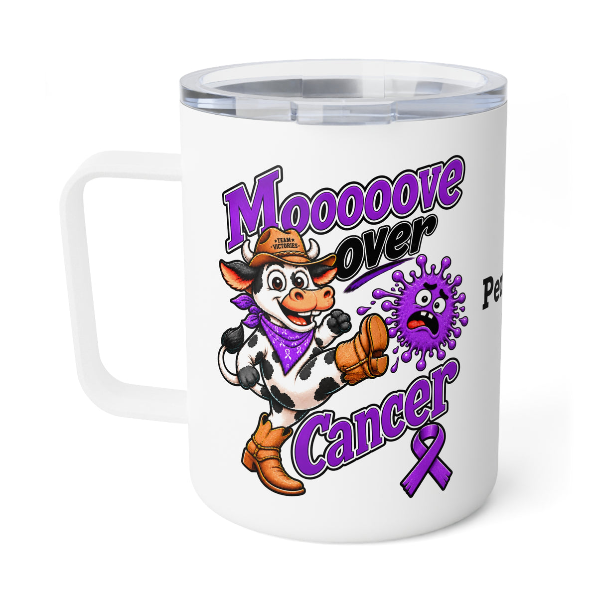 Moooove Over Cancer 10 oz mug with cow artwork and purple ribbon