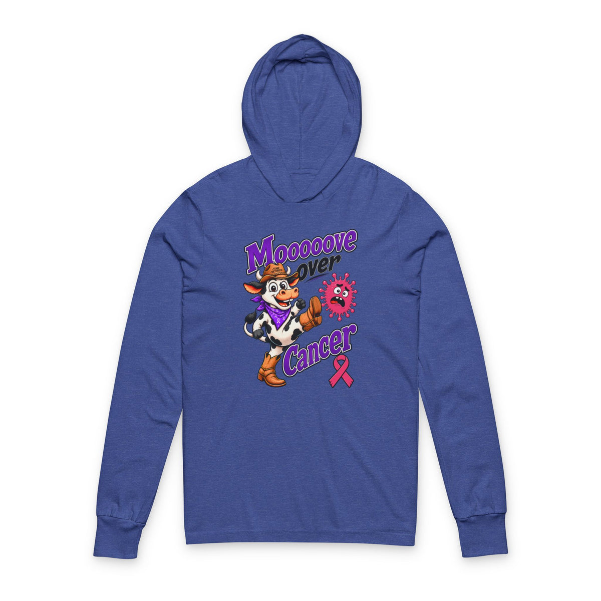 Moooove Over Cancer hooded long-sleeve tee with Breast Cancer awareness design in blue