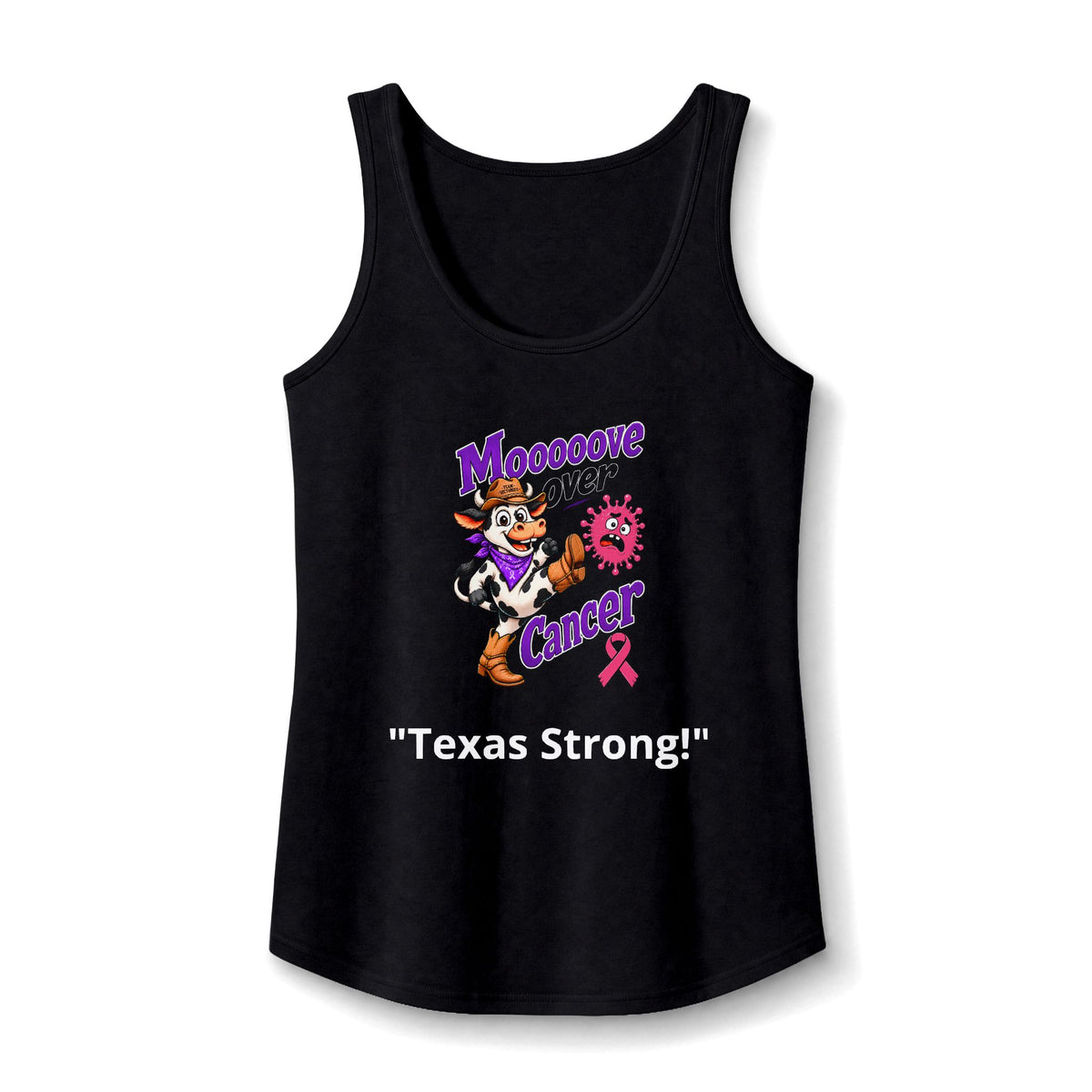 Black Moooove Over Cancer tank top with Texas Strong slogan and pink Breast Cancer awareness ribbon