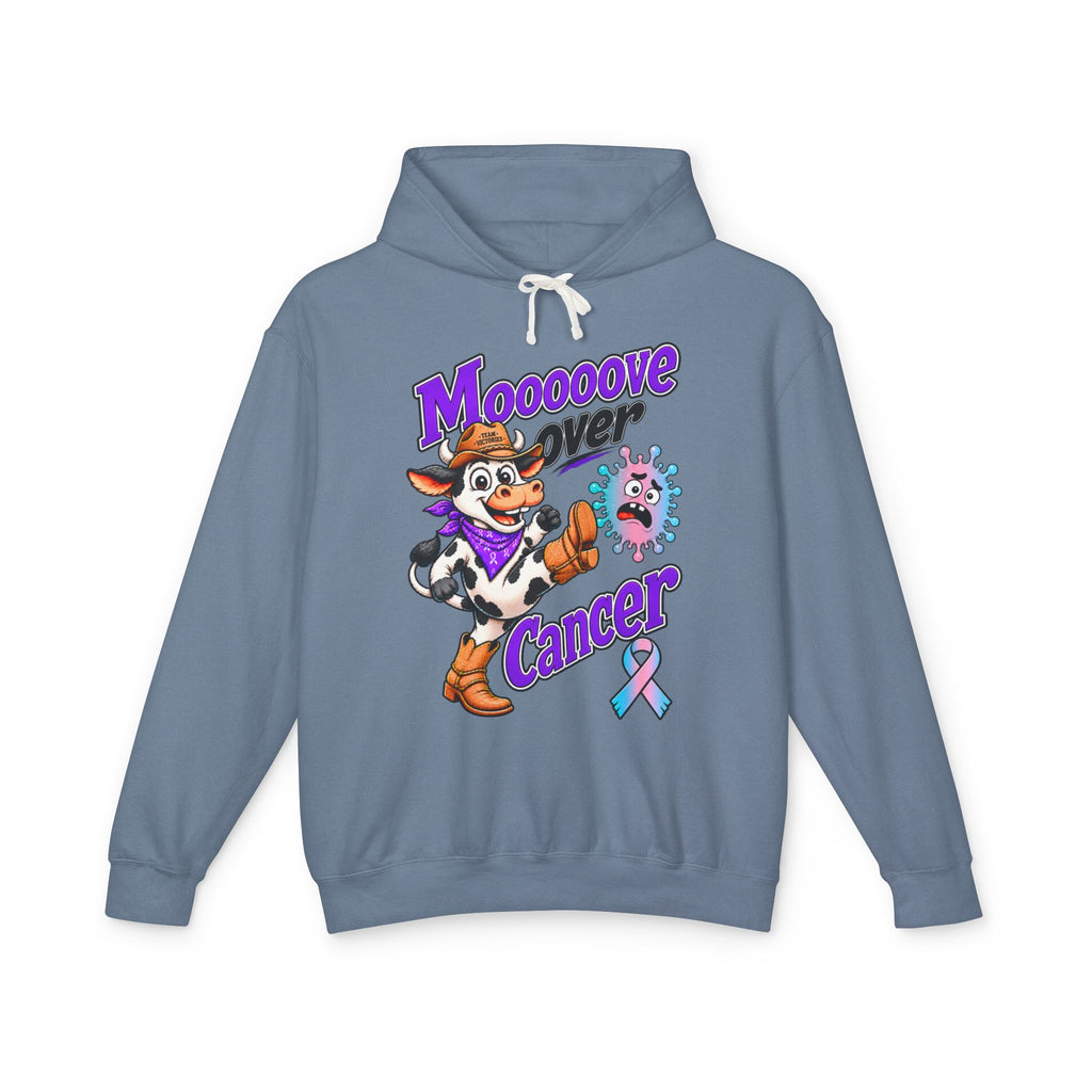 Model wearing the Moooove Over Cancer hoodie with cow design and Thyroid Cancer awareness ribbon