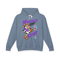 Model wearing the Moooove Over Cancer hoodie with cow design and Thyroid Cancer awareness ribbon