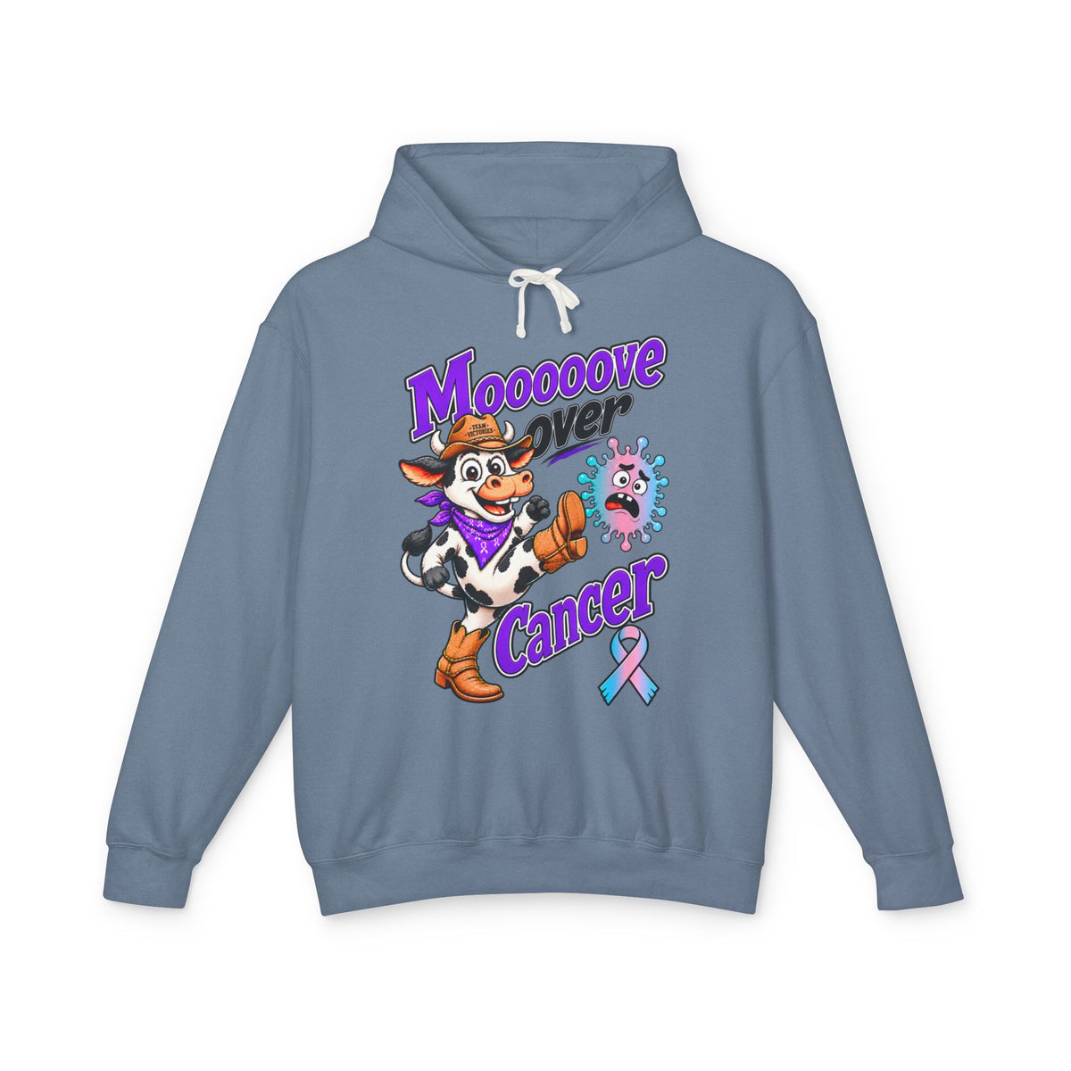 Model wearing the Moooove Over Cancer hoodie with cow design and Thyroid Cancer awareness ribbon