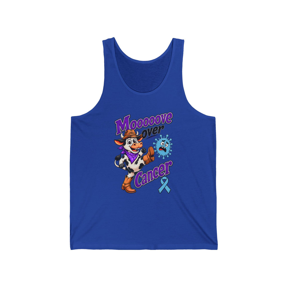 Moooove Over Cancer blue tank top with blue Prostate Cancer awareness ribbon