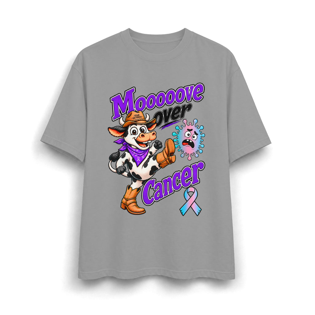 Moooove Over Cancer heavyweight T-shirt in gray with cow artwork and awareness ribbon