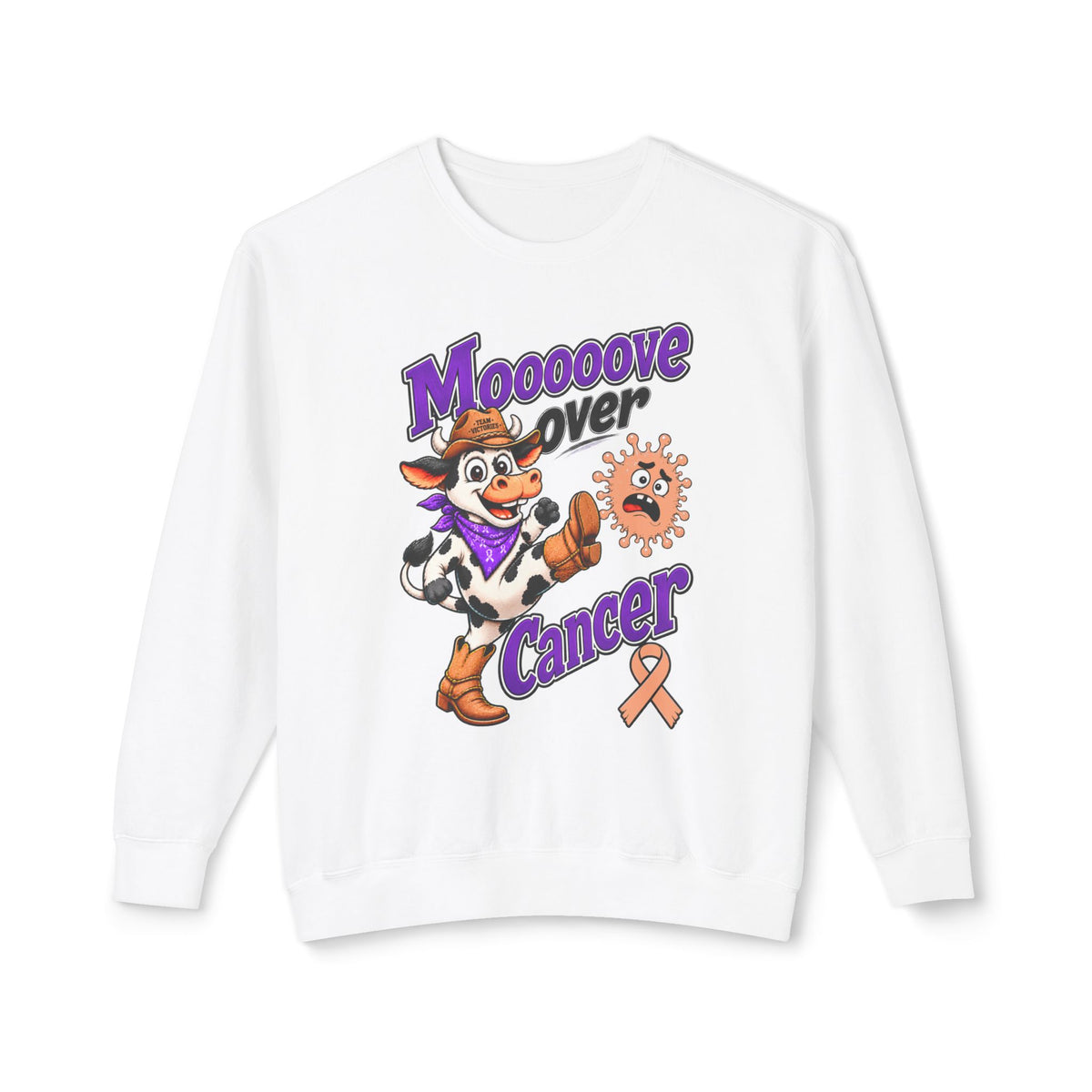 Moooove Over Cancer crewneck sweatshirt with Uterine Cancer awareness ribbon graphic
