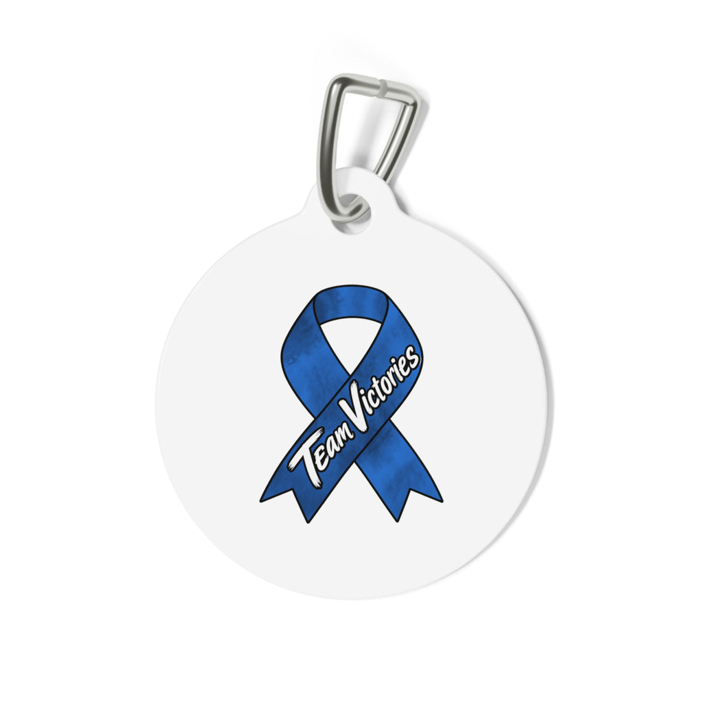 Team Victories pet ID tag featuring a Colon Cancer awareness ribbon