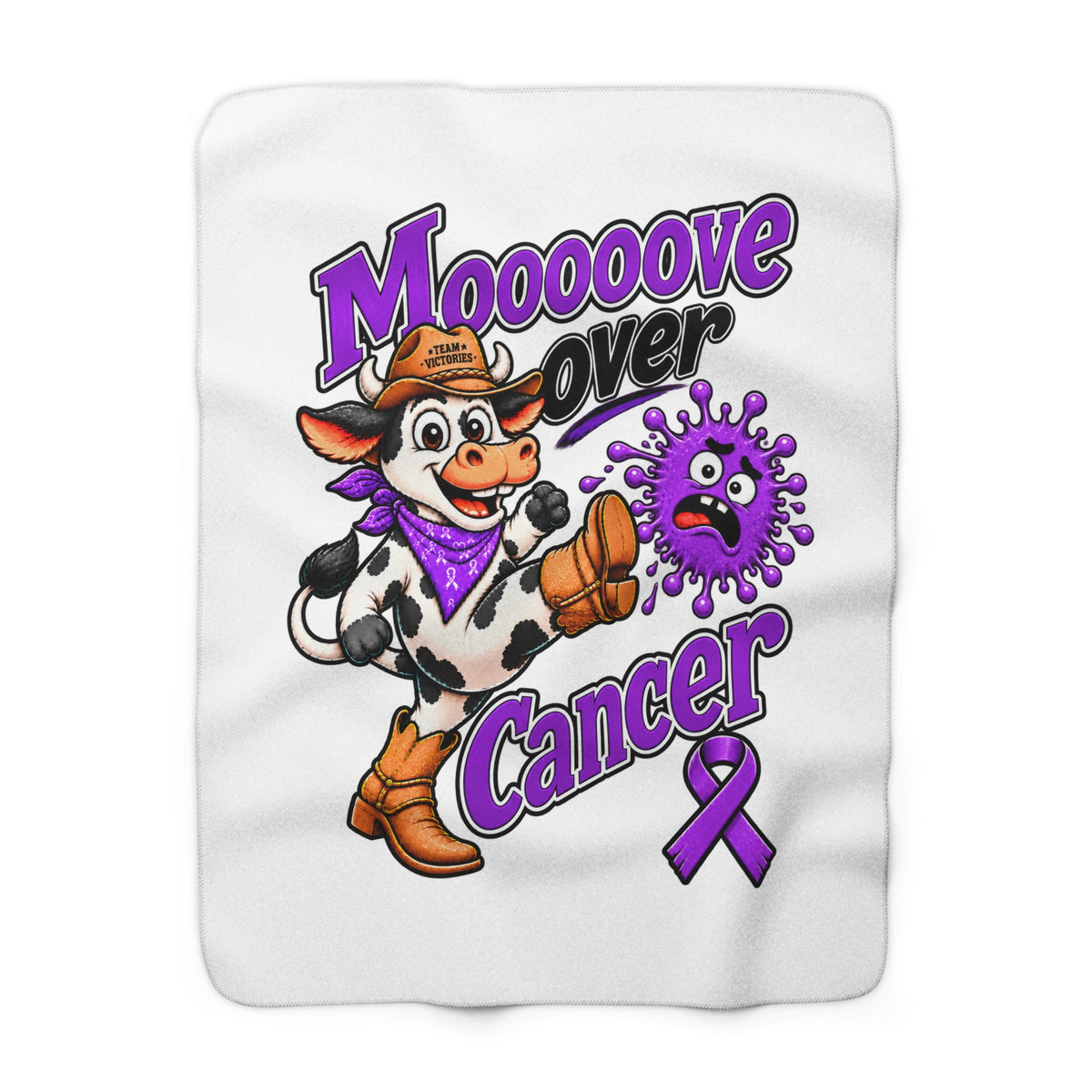 Moooove Over Cancer sherpa blanket with cowgirl cow and purple Pancreatic Cancer awareness ribbon