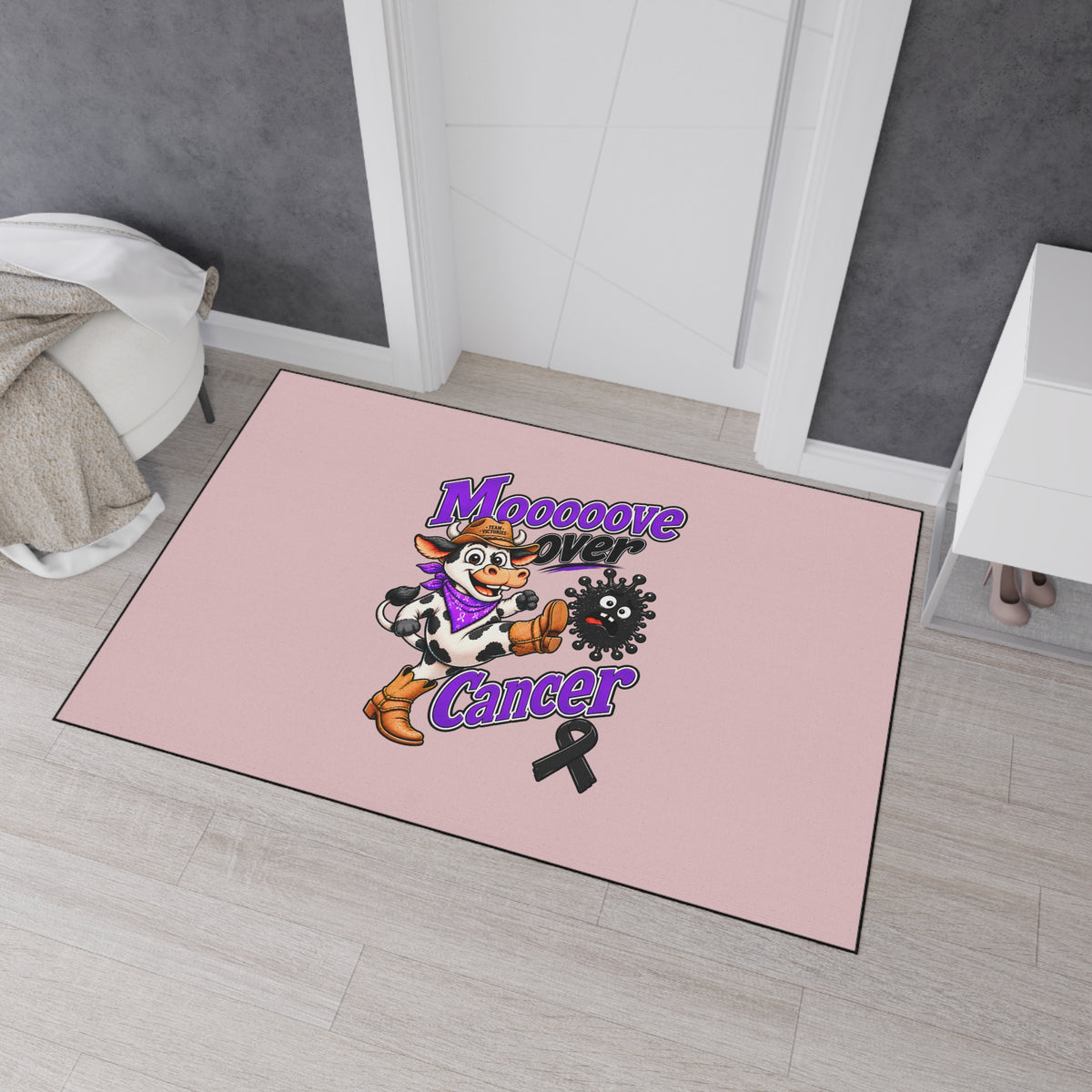 Moooove Over Cancer black ribbon mat styled in a bedroom entryway