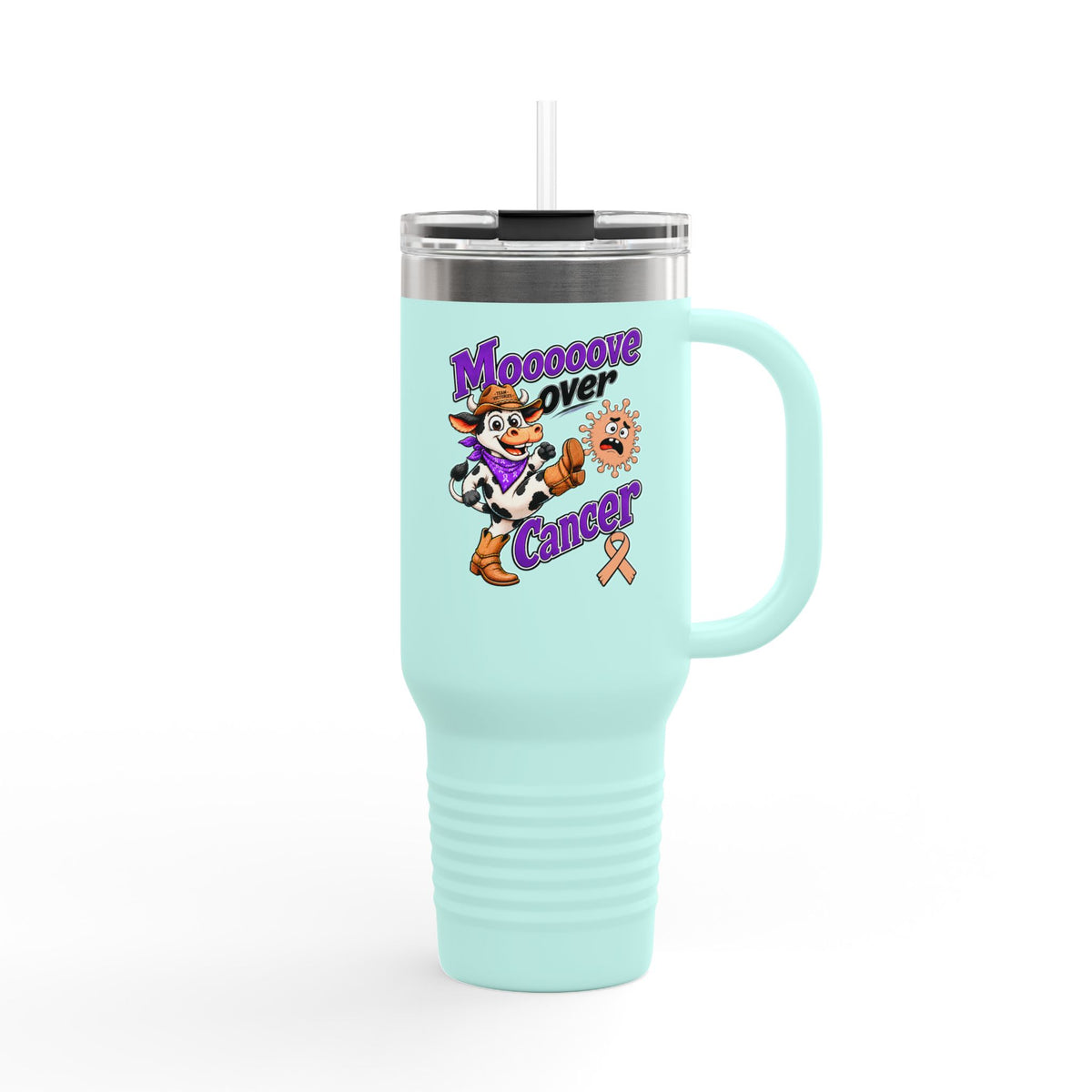 Aqua Moooove Over Cancer insulated travel mug with peach Uterine Cancer awareness ribbon