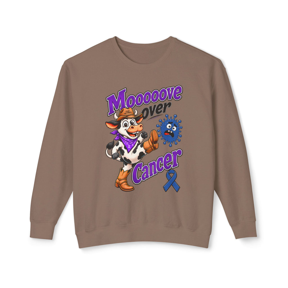 Moooove Over Cancer cow design crewneck with Colon Cancer awareness ribbon in taupe