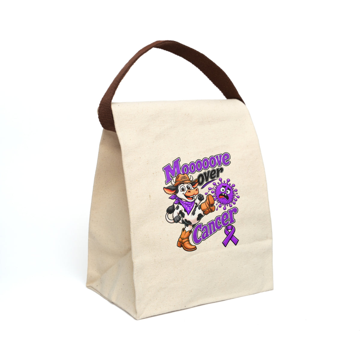 Moooove Over Cancer canvas lunch bag with cow character and purple ribbon artwork