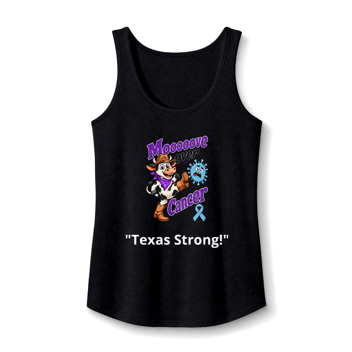 Moooove Over Cancer Texas Strong tank top in black with a Prostate Cancer awareness ribbon
