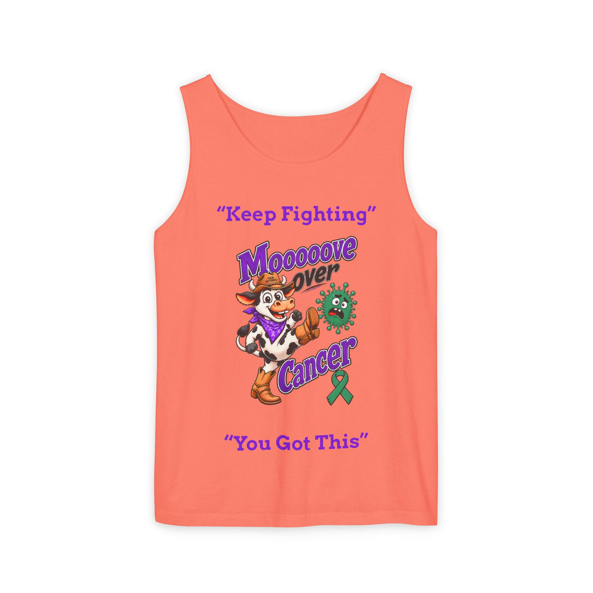 Bright coral Moooove Over Cancer tank top with Keep Fighting cancer support design
