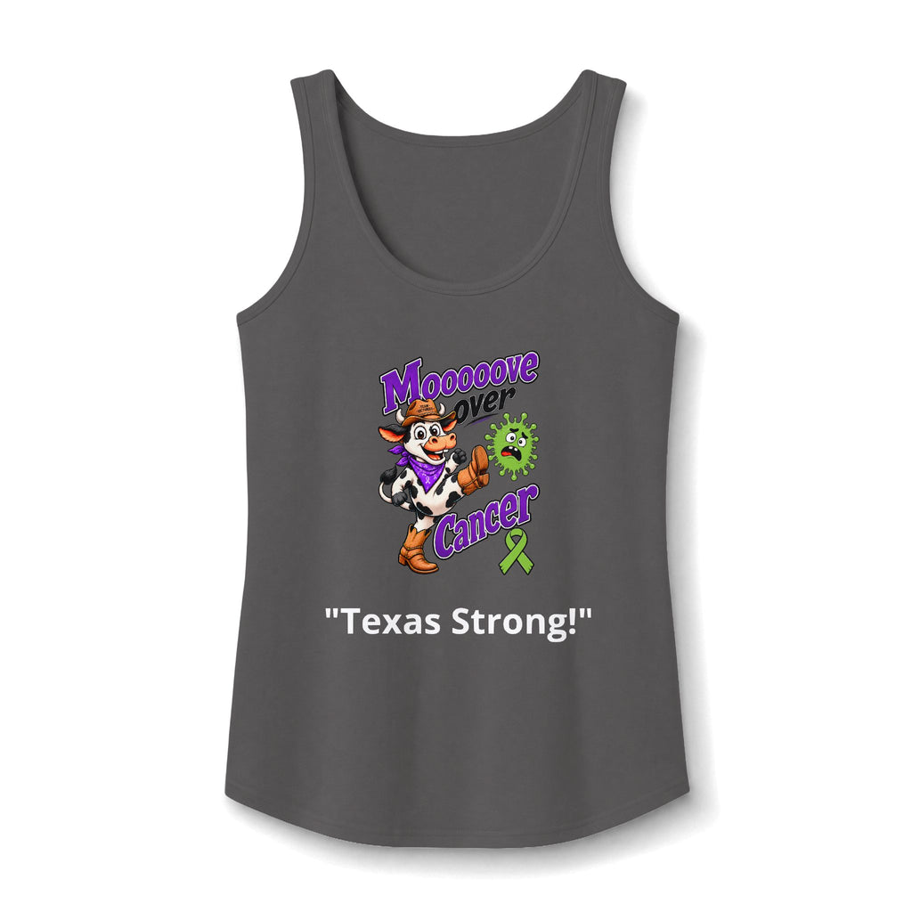 Moooove Over Cancer Texas Strong tank top in charcoal with Non-Hodgkin/Lymphoma Cancer awareness ribbon