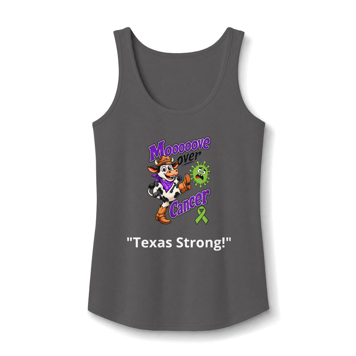 Moooove Over Cancer Texas Strong tank top in charcoal with Non-Hodgkin/Lymphoma Cancer awareness ribbon