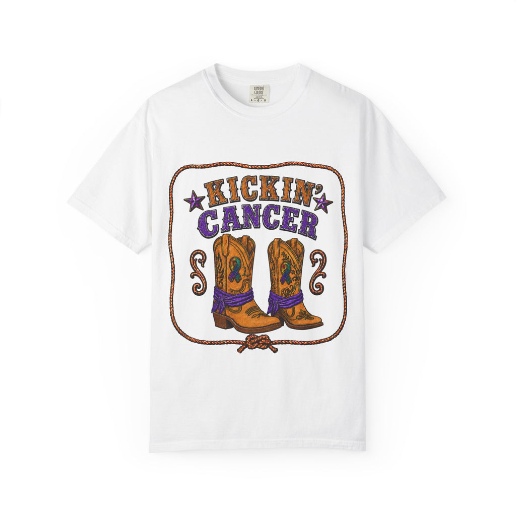 White Kickin' Cancer unisex T-shirt with cowboy boot and awareness-ribbon artwork