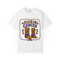 White Kickin' Cancer unisex T-shirt with cowboy boot and awareness-ribbon artwork