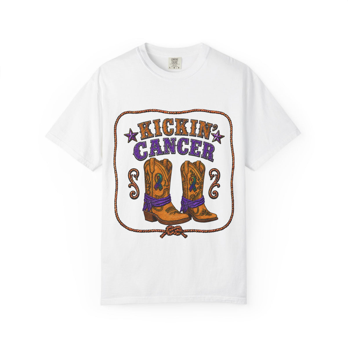 White Kickin' Cancer unisex T-shirt with cowboy boot and awareness-ribbon artwork