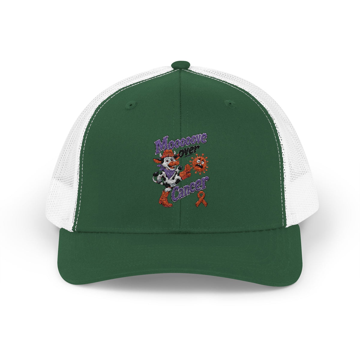 Moooove Over Cancer Uterine Cancer awareness ribbon trucker hat, green front view