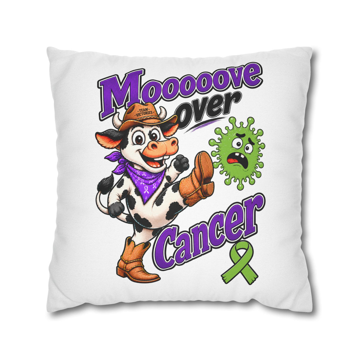 White Moooove Over Cancer pillow cover with Western cow design and awareness ribbon
