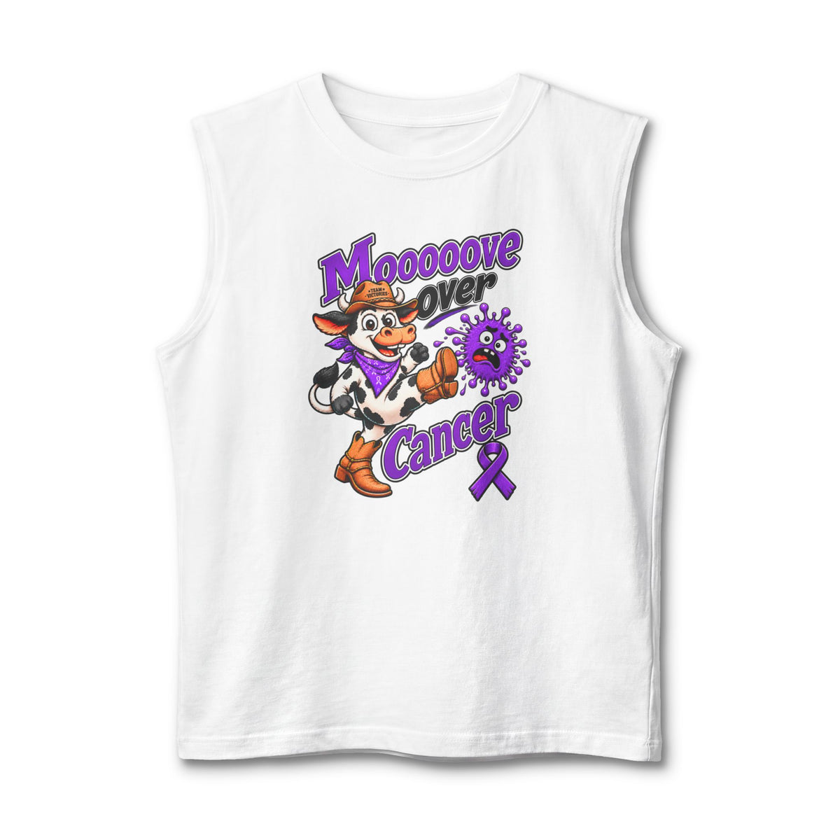 White Moooove Over Cancer tank top with Pancreatic Cancer awareness ribbon graphic