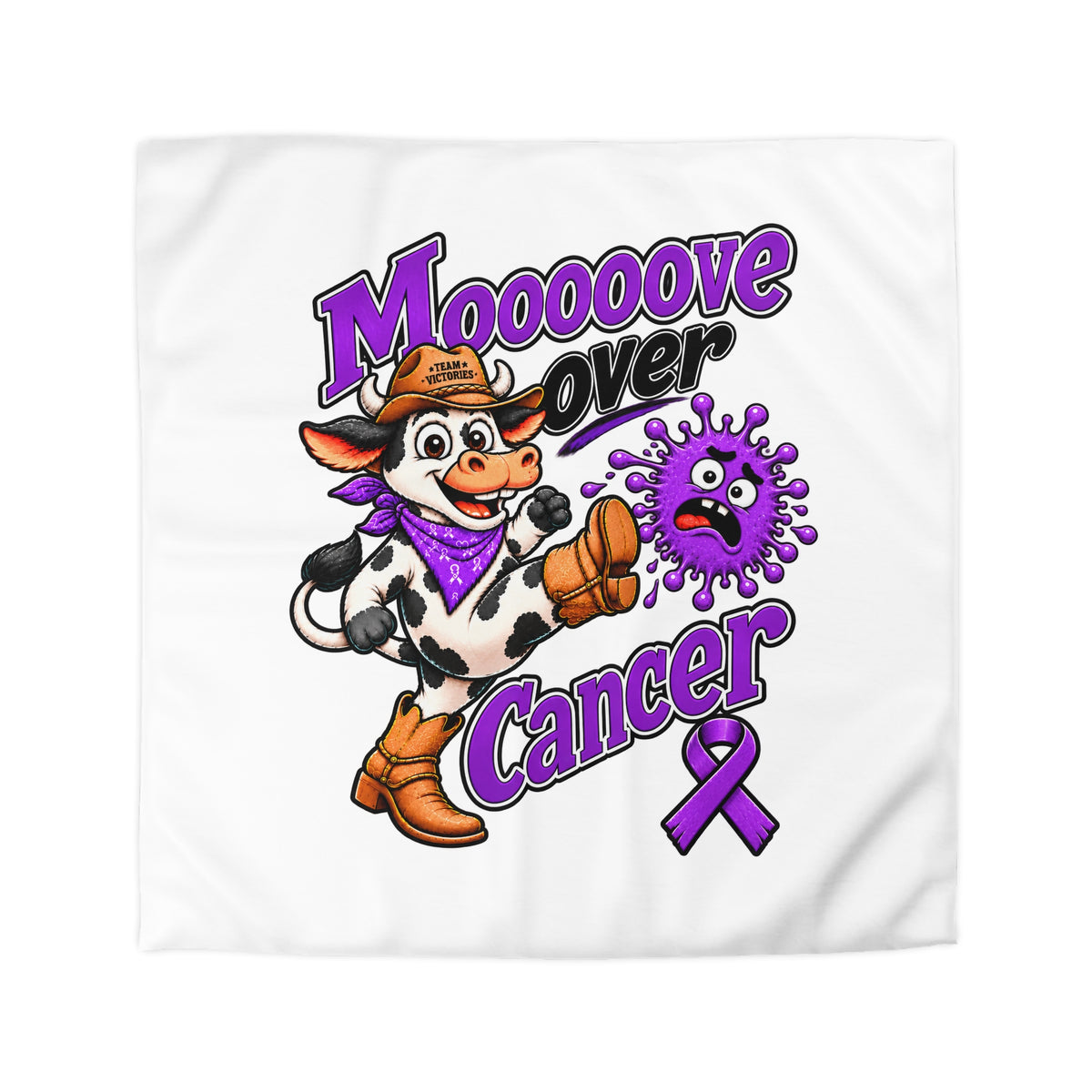 Flat-lay Moooove Over Cancer duvet cover with purple Pancreatic Cancer awareness ribbon